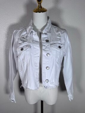 White Distressed Cropped Denim Jacket - Women